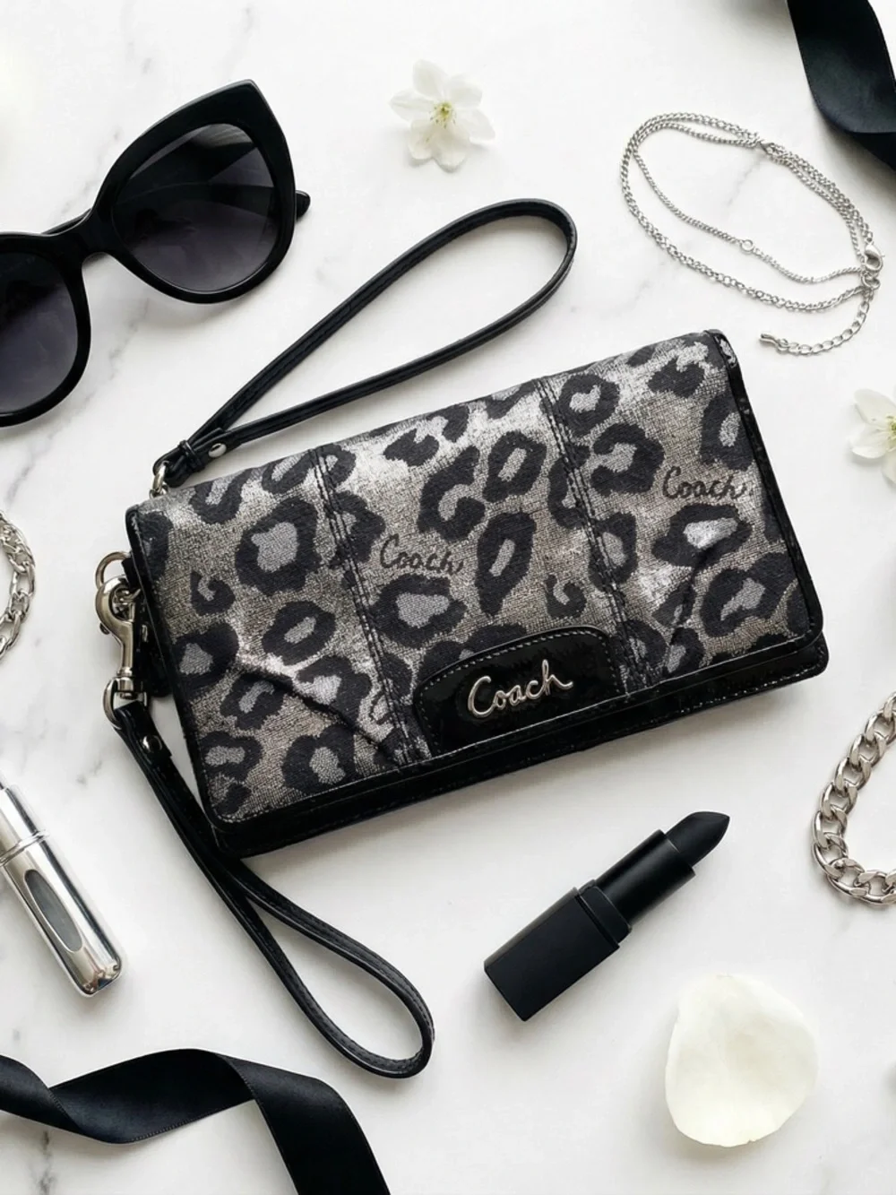 Coach Leopard Print Wristlet Wallet | Signature Canvas & Patent Leather Trim - Picture 3 of 15